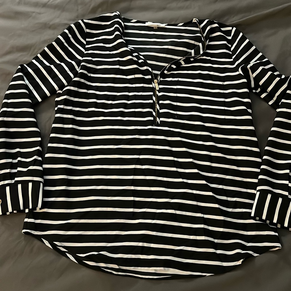 Calvin Klein Black and White Striped Long Sleeve Blouse
